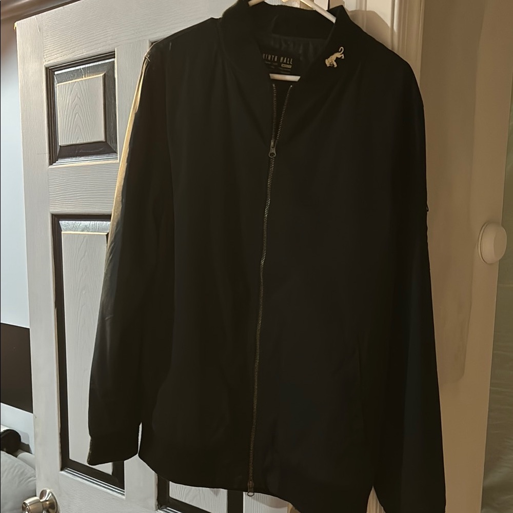 Black Bomber Jacket with Stand-Up Collar and Full-Zip Closure